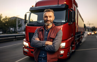 Smiling middle aged man truck driver posing with truck in the background.