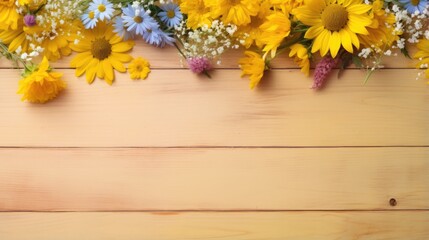 A bunch of yellow and blue flowers on a wooden surface
