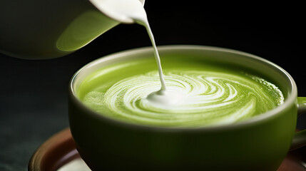 Preparing matcha latte art, pouring milk micro foam into a cup with hot green matcha drink, close-up photo