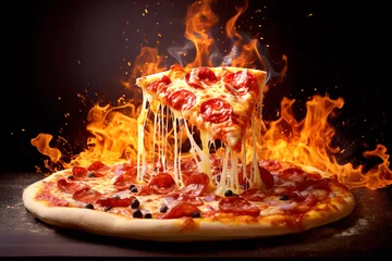 Foto op Plexiglas hot and delicious pizza surrounded by fiery flames on a dark background. Perfect for a menu or poster, capturing the mouthwatering essence of this culinary delight. AI generated © tanitost
