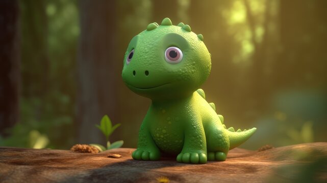 3d cute green dragon character on blurred green forest background © ribelco
