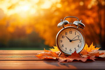Alarm clock rests on autumn leaves against a backdrop of natural scenery 