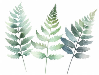 Ai Generated Art A Watercolor Painting of three Abstract Fern Leaves against White Background in Pastel Sage Green Colors