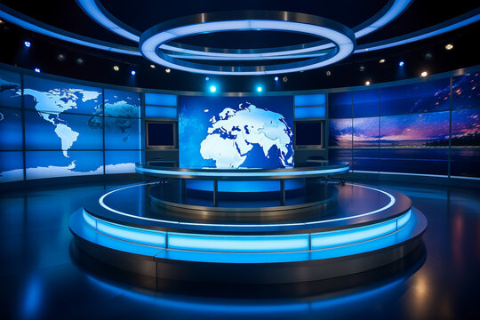 An image showcasing a news studio with blue lights and a globe 