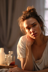 Depressed frustrated young  woman suffering from headache, migraine, touching face, head with closed eyes, feeling stressed, sick, tired, thinking over bad news, problems, crisis