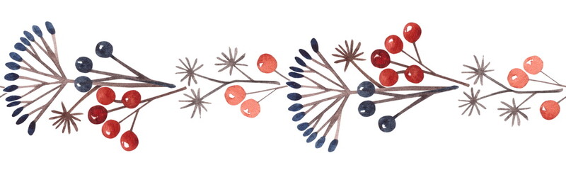 Seamless horizontal border of hand-painted watercolor floral elements, not AI. Red and blue winter berries, seeds, dry branches and twigs. For the design of Christmas and wedding cards or invitations.