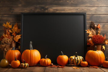 Naklejka na ściany i meble Black menu board with autumn decorations featuring a signboard mockup and pumpkins 3D illustration 