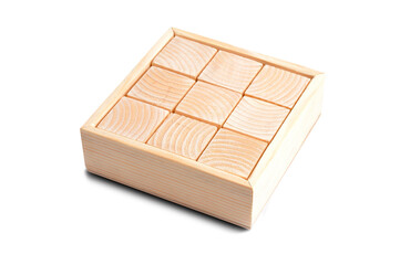 Wooden cubes in a box on a transparent background.
