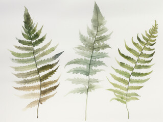 Ai Generated Artt A Watercolor Painting of three Abstract Fern Leaves Isolated on the White Background in Bright Pastel Sage Green Colors