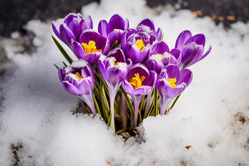 Crocuses vibrant purple flowers emerging from the snow blooming in early spring with room for text 