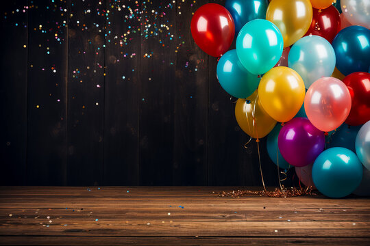 Colorful balloons and confetti against a backdrop of wood 