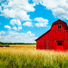 Realistic red barn in wheat field