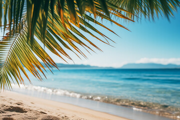 Fototapeta na wymiar Sunny tropical beach with palm tree leaves representing summer vacation and tropical beach vibes 