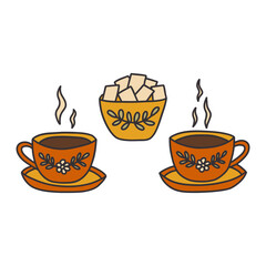 Two red cups of tea with saucers and sugar bowl nearby, vintage crockery. Colorful vector isolated illustration hand drawn doodle. Secular tea drinking, beautiful retro cups