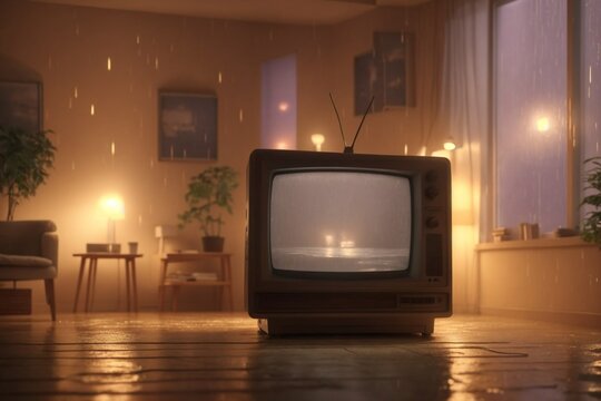 A 90's Television With No Signal, Illuminated By A Single Light, Sits In The Center Of The Frame With A Window In The Background Showing A Rainy Night