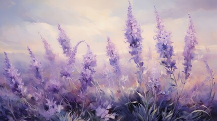 Naklejka premium a painting of purple flowers in the foreground with a cloudy sky in the background. generative ai