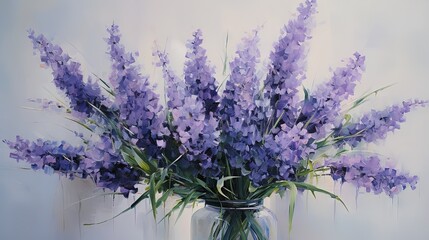  a painting of purple flowers in a glass vase on a table.  generative ai
