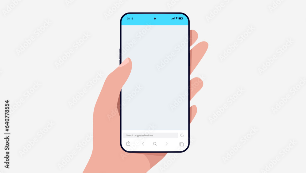 Fototapete Mobile phone in left hand with empty blank web browser. Simple flat design vector illustration with light grey background