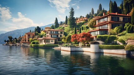 Obraz premium a large body of water with houses on a hill in the background. generative ai