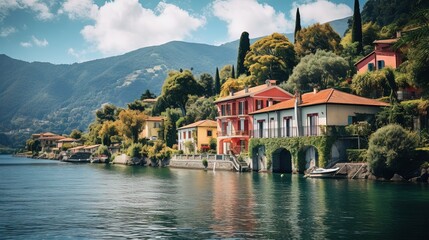 Fototapeta premium a row of houses on the shore of a lake with mountains in the background. generative ai