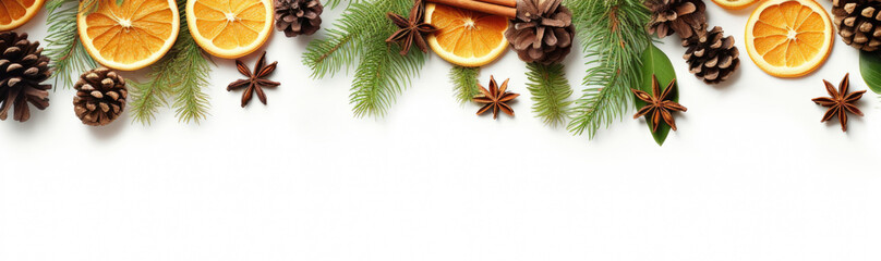 Fototapeta na wymiar A christmas border with oranges, pine cones, and star anise. Digital image.