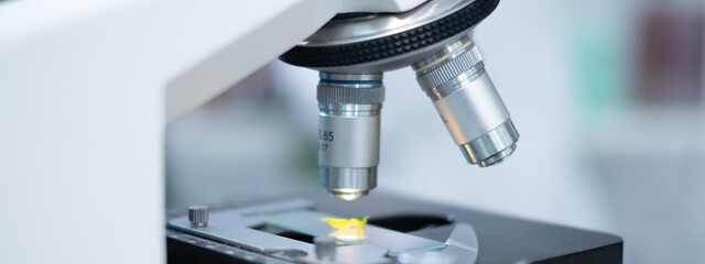 Close up of microscope with a sample of plants, herbal tissue or cells in biotechnology research laboratory. Analyzing, discovery and experiment of plant genetic, microbiology. Eco farming exploration