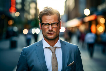 A handsome man standing on the street wearing glasses and a suit, in the style of portraits with soft lighting, consumer culture.