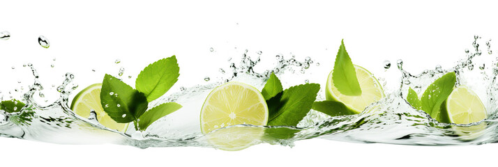 A slice of lime annd mint leaves falling into the water on white background. Panoramic banner image.