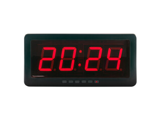 number 2024 illuminated on electric alarm clock display isolated on transparent, time for new year...