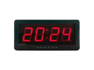number 2024 illuminated on electric alarm clock display isolated on transparent, time for new year countdown