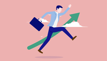 Fototapeta na wymiar Successful businessman - Illustration of man having success jumping in front of green arrow pointing up. Business and career progress concept in flat design