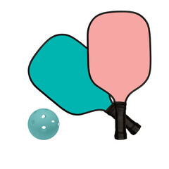 Pickleball ball and two rackets. Pickleball ball and two  rackets pink and light blue.  Mock-up.