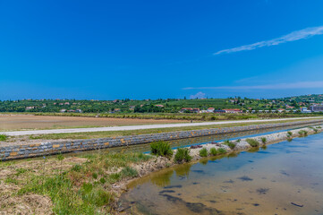 A view over concentration pools at the salt pans at Secovlje, near to Piran, Slovenia in summertime