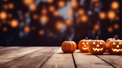 Halloween banner, wooden table with pumpkins and festive night background