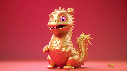 3d cute golden dragon character on blurred red background