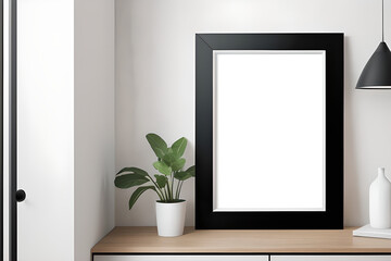 Interior blank frame black poster mockup with vertical wooden frame in home interior background on cabinet.