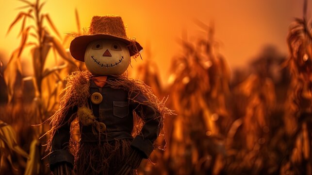 Scarecrow in an autumnal field, orange and golden light to scare birds. Halloween, harvest, thanksgiving cute illustration for banner, card.