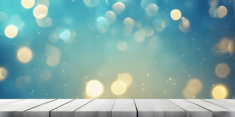 Wood stage special event and soft blur bokeh blue background empty space for product