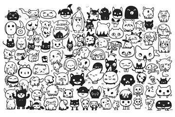 Black blank halloween drawings and icons with various expressions, mascot, vector, white background.