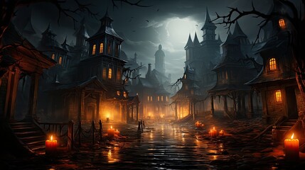 Fototapeta na wymiar Jack O' Lanterns Glowing In Fantasy Night. Halloween Background