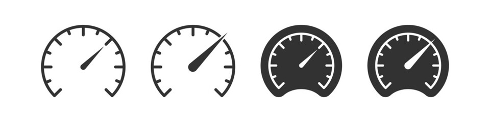 Speedometer icon. Speed signs. Tachometer symbol. Arrow gauge symbols. Car indicator icons. Black color. Vector isolated sign. - obrazy, fototapety, plakaty