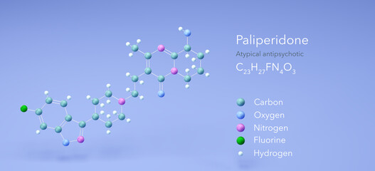 paliperidone molecule, molecular structures, atypical antipsychotic, 3d model, Structural Chemical Formula and Atoms with Color Coding