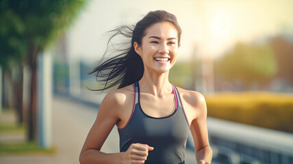 A young asian woman runner runs at sunset in a park in the park.
