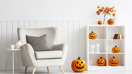 Modern living room with natural fall decor pumpkins and a white armchair. Modern cozy interior