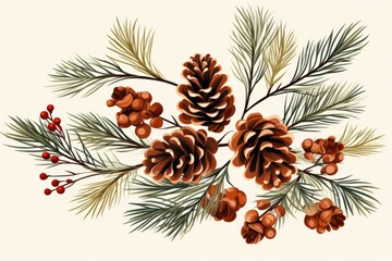 Fototapeta premium christmas fir branches with pine cones illustration