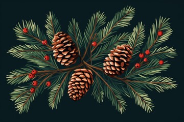 Fototapeta premium christmas fir branches with pine cones illustration
