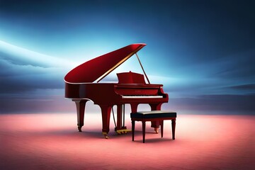 red color piano isolated on the blue.