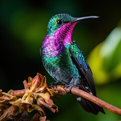 Obraz premium hummingbird bird sitting on a tree branch close-up, flowers, colorful background,