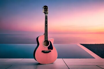 pink color guitar isolated on the white. - obrazy, fototapety, plakaty