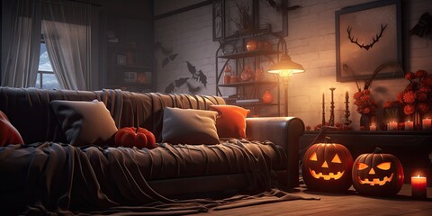 Halloween decorations in living room with couch, skull, pumpkin, candles. Banner. Creative modern design interior. Generative AI.